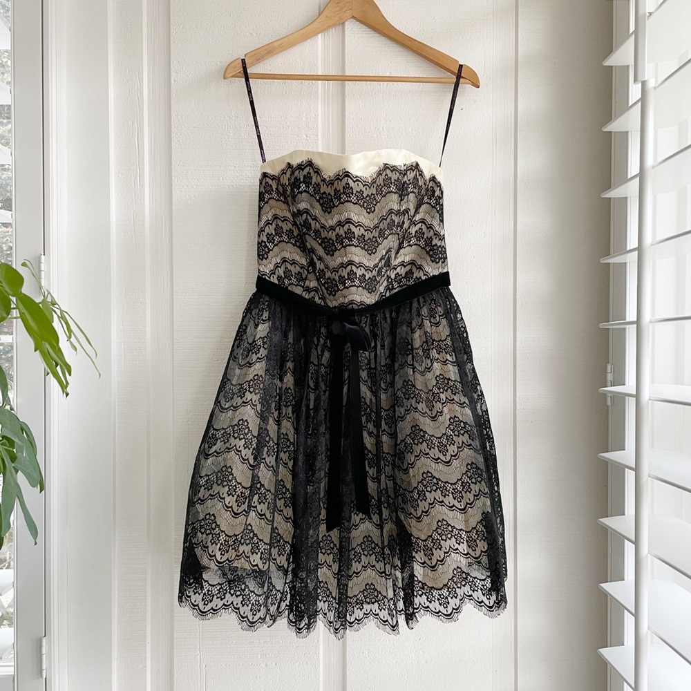 Strapless Vintage Betsey Johnson Black and Cream Lace Evening Dress